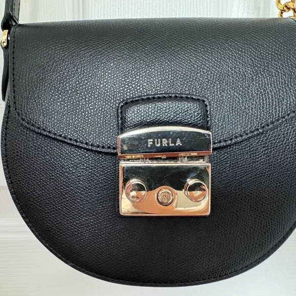 Furla Metropolis Leather Black Crossbody Bag Small Half-moon